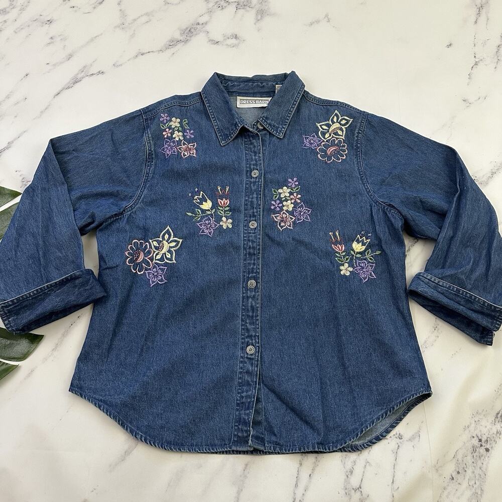 Dressbarn Womens Vintage 90s Denim Shirt Size XL Floral Embroidered Beaded Blue